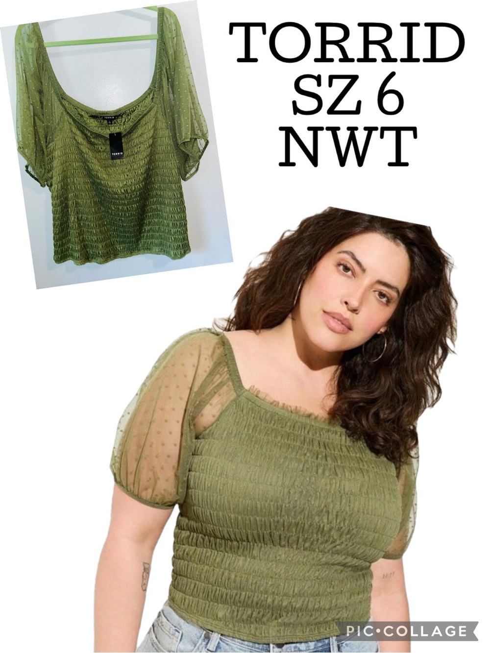 Torrid GREEN Dot Mesh Square Neck Smocked Crop Top sz 6 NWT